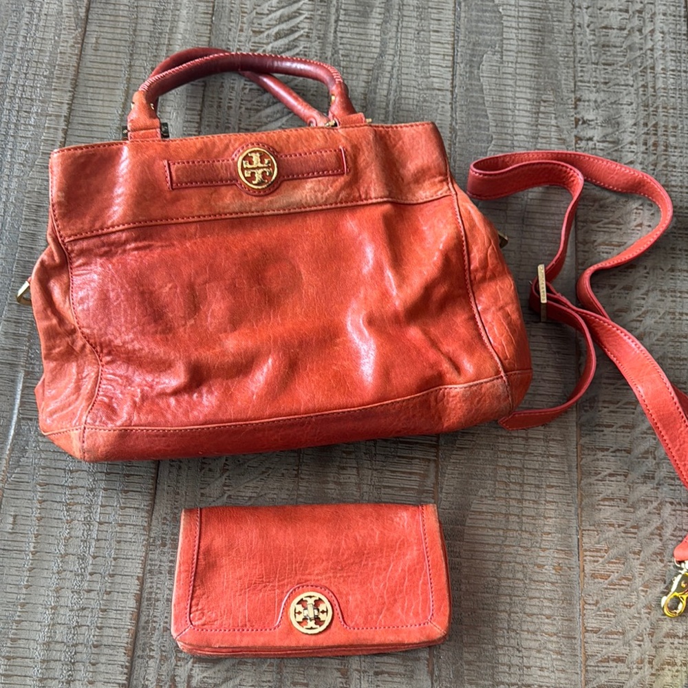 Tory Burch Orange Leather Handbag and Wallet Set